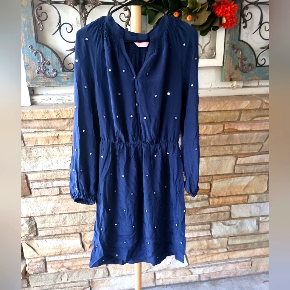 Lilly Pulitzer Blue Embellished Long Sleeve 100% Silk Dress_XS/S